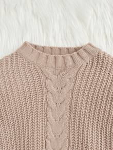 Jersey Chicas jovenes tejido de cable de hombros caídos - Caqui - Ver 3