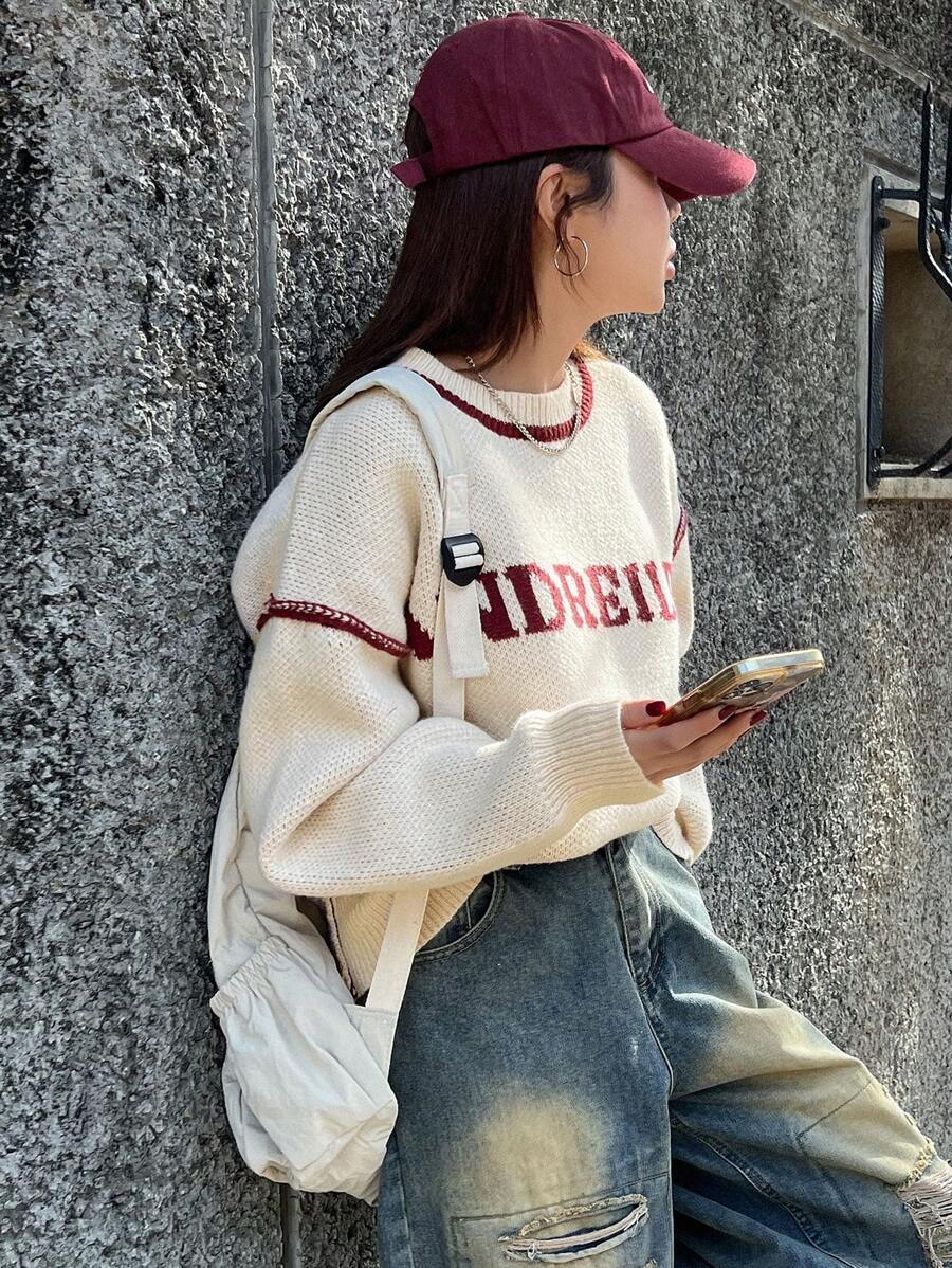 Dazy Star Áo len họa tiết chữ trễ vai viền tương phản, quần áo mùa thu - Màu be - Xem 1