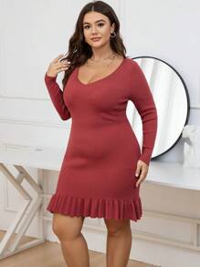 SHEIN LUNE Plus Ruffle Hem Sweater Dress Without Belt - Pink - View 4