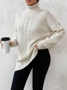 EURMUSE Turtleneck Cable Knit Drop Shoulder Sweater - Beige - View 2