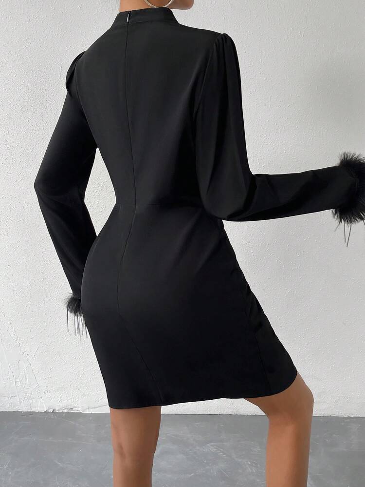 Fuzzy Cuff Mock Neck Bodycon Dress Fall Cloth For Women