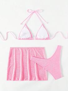 Swim SXY 女士花朵印花純色泳衣套裝 - 粉色 - 查看 4