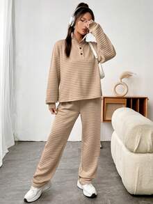 SHEIN Unity Half Button Drop Shoulder Sweatshirt & Sweatpants - Khaki - View 4