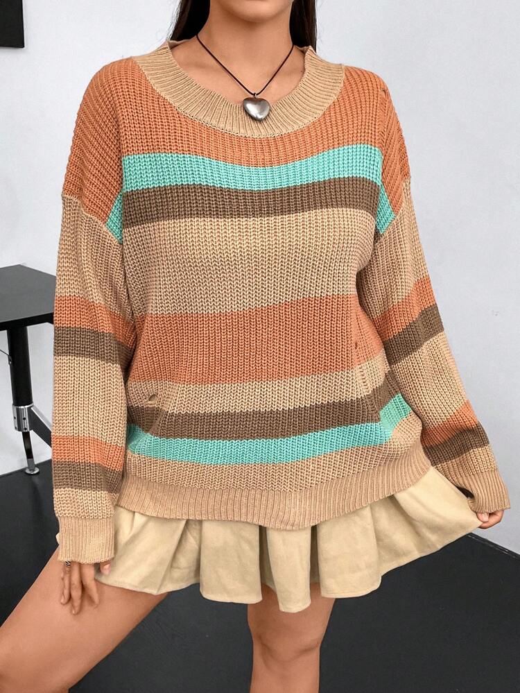 Plus Striped Color Block Ripped Detail Drop Shoulder Sweater Knit Pullover Fall Winter Sweater