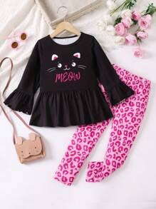 SHEIN Nhỏ bé Cô gái Phim hoạt hình mèo in Áo thun Và In hoa Báo Xà cạp 2 cái/bộ - Nhiều màu - Xem 1