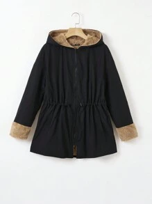 SHEIN EZwear Drawstring Waist Teddy Lined Hooded Coat In Fall/Winter - Black - View 4