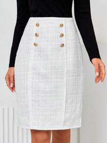 SHEIN Privé 高腰格紋假鈕扣開衩側粗花呢半身裙 - 杏色 - 查看 1