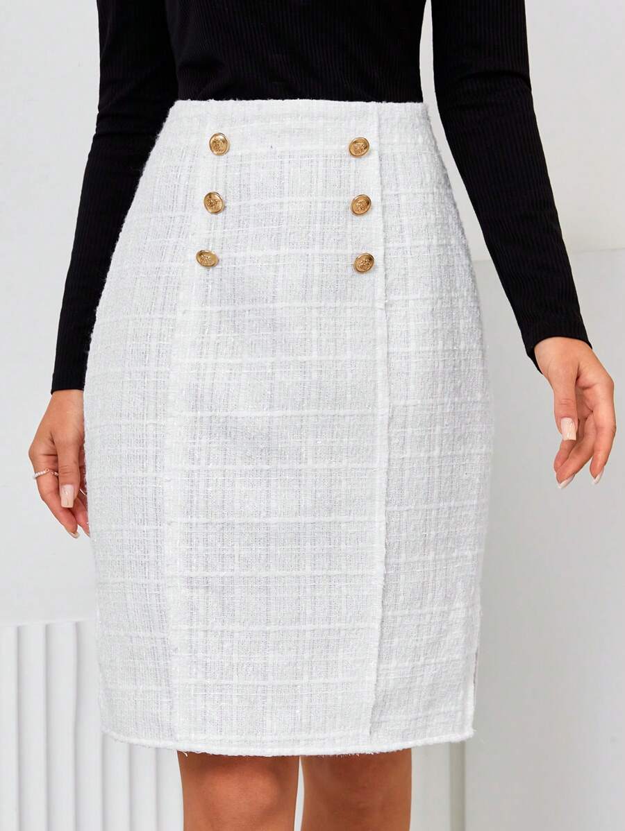 SHEIN Privé 高腰格紋假鈕扣開衩側粗花呢半身裙 - 杏色 - 查看 1