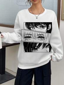 SHEIN EZwear Figure Graphic Drop Shoulder Thermal Lined Sweatshirt - White - View 6