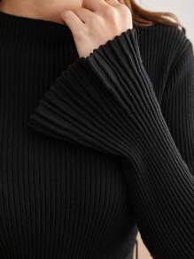 BizChic Flare Sleeve Ribbed Knit Sweater - Black - View 3
