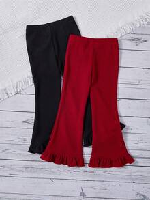 Pantalones acampanados de 2 piezas de unicolor de punto con volantes para niñas jóvenes - Multicolor - Ver 2