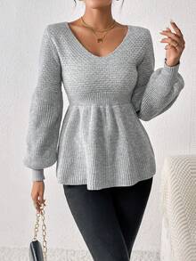 SHEIN Frenchy Jersey de mujeres de manga farol con fruncido bajo - Gris Claro - Ver 5