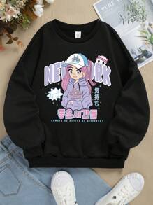 Teen Girl Figure & Letter Graphic Drop Shoulder Sweatshirt - Black - View 1