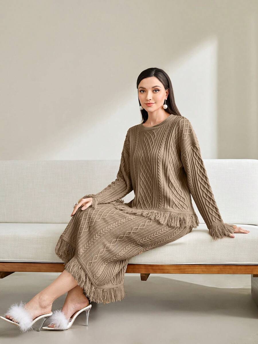 Modelyn Ruffle Hem Sweater & Knit Skirt - Khaki - View 1