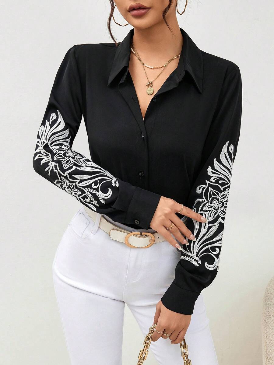 SHEIN Privé Floral Embroidery Button Front Shirt - Black - View 1