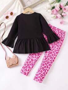 SHEIN Nhỏ bé Cô gái Phim hoạt hình mèo in Áo thun Và In hoa Báo Xà cạp 2 cái/bộ - Nhiều màu - Xem 2