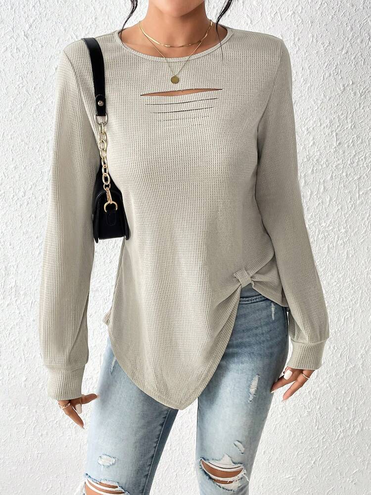 Cut Out Ripped Split Hem Tee