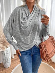 SHEIN LUNE cổ áo xếp nếp tay cánh Áo thun Wrap - Xám - Xem 3
