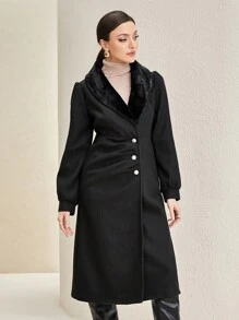 Modelyn Borg Collar Button Front Coat - Black - View 1