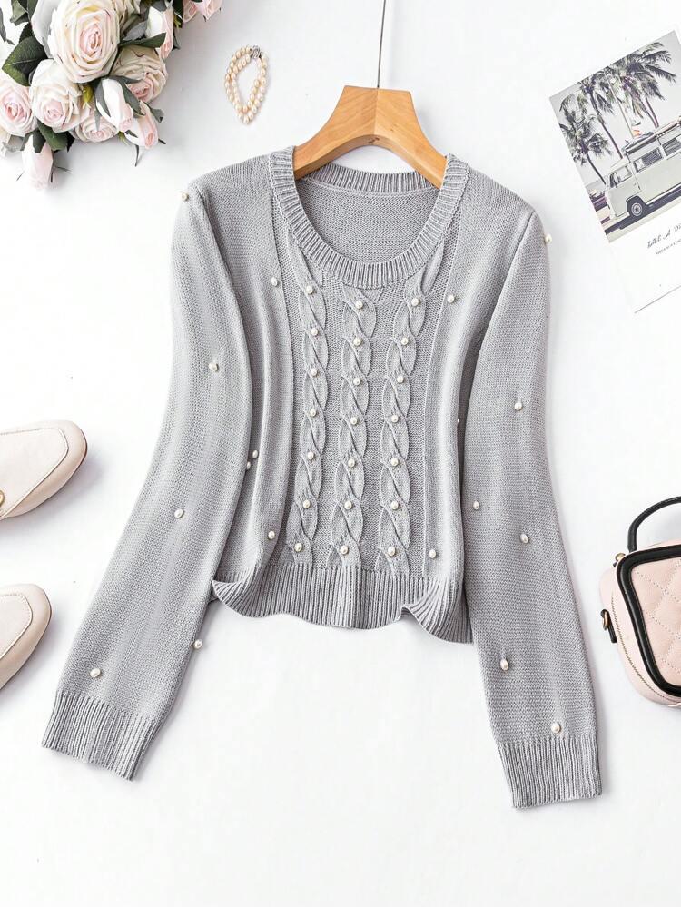 Plus Faux Pearls Beaded Cable Knit Sweater Knit Pullover Fall Winter Sweater