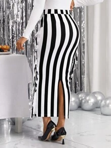 SHEIN Lady Gestreepte print Franjetrim Gespleten zoom Kokerrok