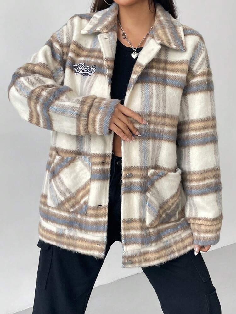 Plaid Print Letter Patched Drop Shoulder Overcoat