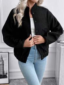 休閒鈕扣 前紐扣純色女士夾克 - 黑色 - 查看 3