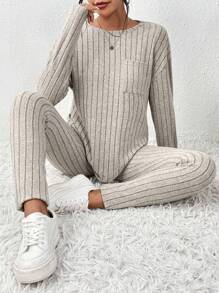 SHEIN Frenchy Ribbed Knit Drop Shoulder Tee & Leggings - Apricot - View 1