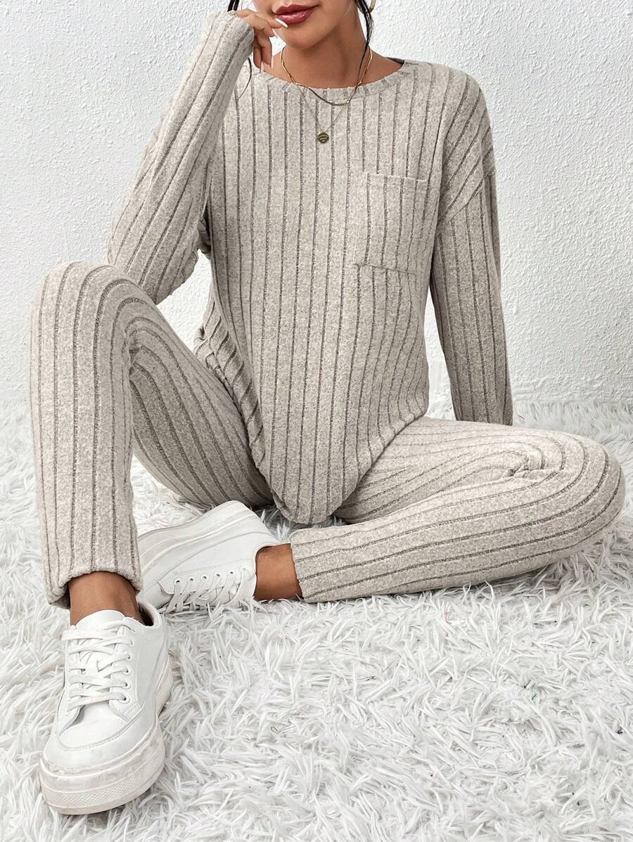 SHEIN Frenchy Ribbed Knit Drop Shoulder Tee & Leggings - Apricot - View 1