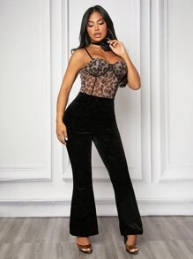 SHEIN SXY Mujeres Bodysuit Estampado De Leopardo Con Malla Halter, Atuendo De Fiesta, Atuendo De Víspera De Año Nuevo - Multicolor - Ver 4