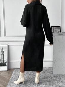 SHEIN 孕婦高衩燈籠袖條紋針織洋裝 - 黑色 - 查看 4