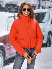 SHEIN LUNE Áo khoác có đệm lót, quần áo mùa đông, có viền rút, cài nút - trái cam - Xem 4
