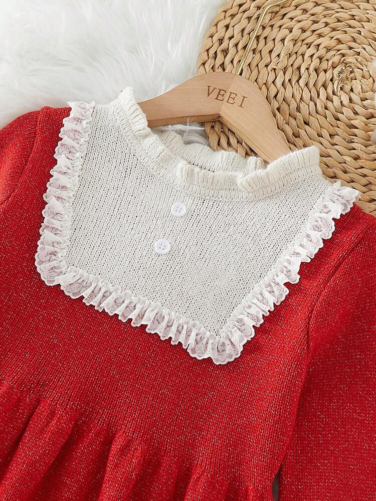 Young Girl Contrast Lace Flounce Sleeve Sweater Dress