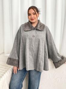 Flirla Plus Borg Collar Cloak Sleeve Overcoat - Light Grey - View 4