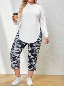 SHEIN LUNE 大碼弧形下擺連帽衫&迷彩印花長褲 - 灰色 - 查看 4