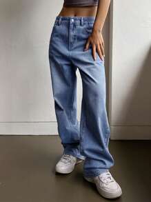 DAZY Zipper Fly Straight Leg Jeans,Baggy Jeans - Blue - View 1