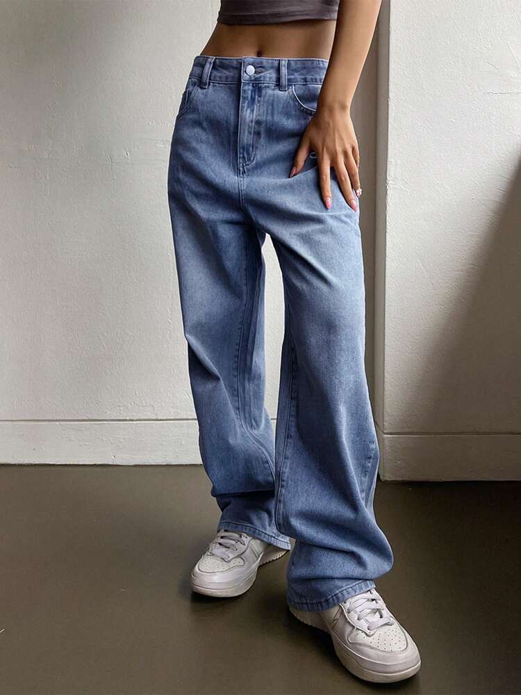 Zipper Fly Straight Leg Jeans,Baggy Jeans
