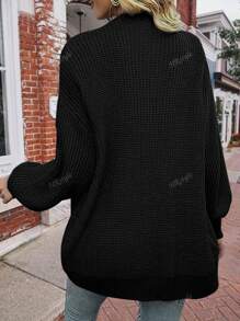 1pc Women's Solid Color Casual Long Sleeve Lantern Sleeve Knitted Cardigan, Autumn/Winter,Long Sleeve Tops
