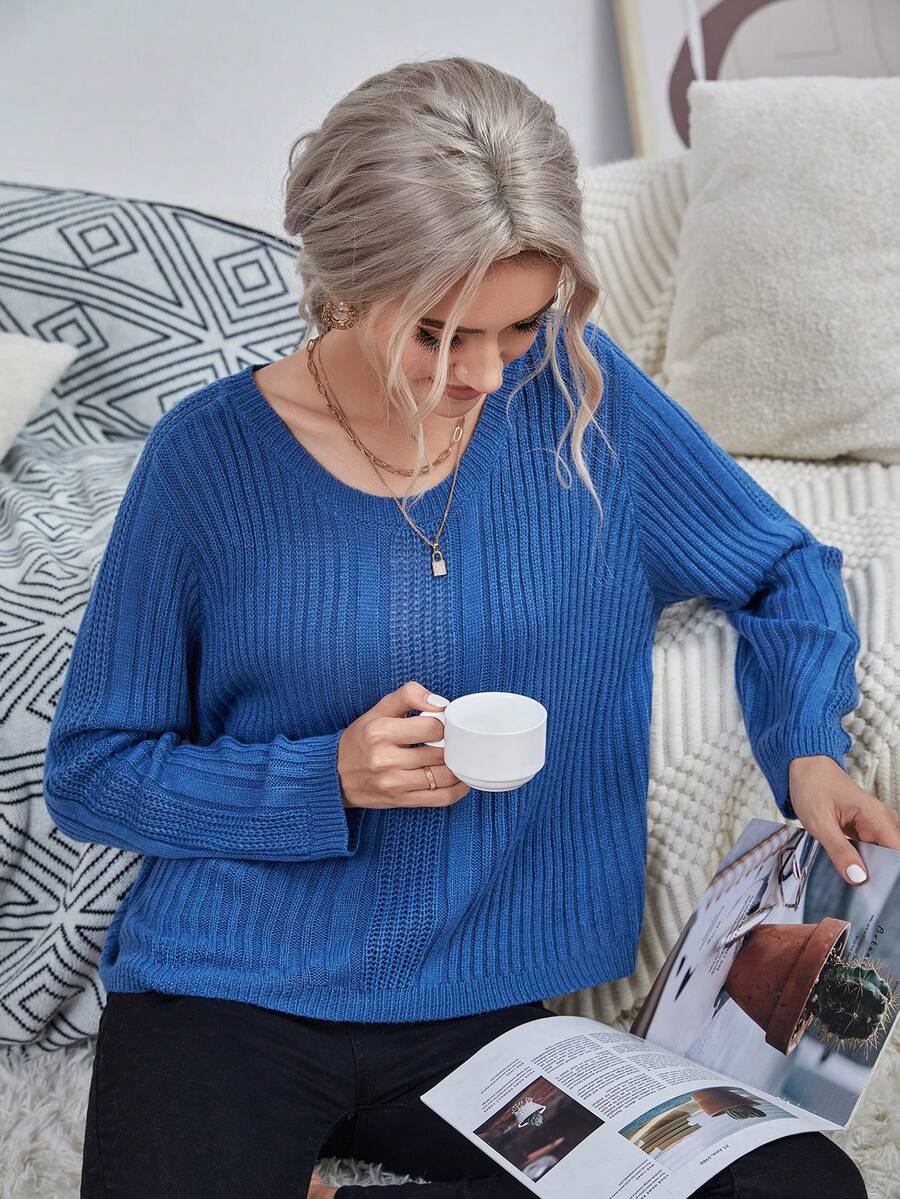 SHEIN LUNE Chất rắn Đồ đan Ribbed Áo len - Màu xanh lam - Xem 1