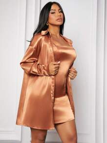 SHEIN SXY Của phụ nữ Màu thuần Váy Dây Và Áo sơ mi - màu nâu - Xem 3