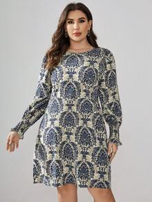 SHEIN Clasi Plus Size Damask Print Lantern Sleeve Dress - Multicolor - View 3