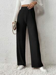 SHEIN Frenchy 弹性腰部罗纹针织宽松粒面面料裤子 - 黑色 - 查看 5