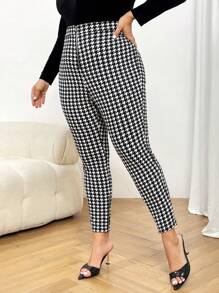 SHEIN Privé Talla grande Pantalones ajustados con estampado de pata de gallo cremallera - Blanco y Negro - Ver 6