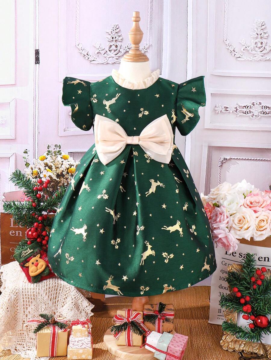 SHEIN Toddler Girls' Deer Print Dress With Big Bow Detail And Ruffle Hem - Multicolor - View 1