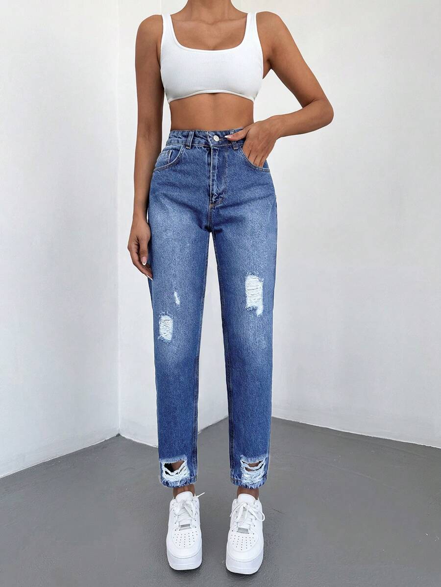 SHEIN Cottnline High Waist Ripped Mom Fit Jeans - Blue - View 1