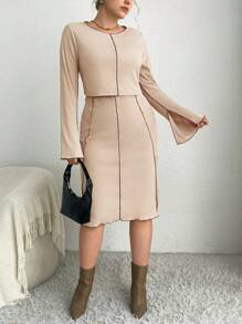 SHEIN Essnce Plus Top-stitching Split Sleeve Tee & Pencil Skirt - Khaki - View 1