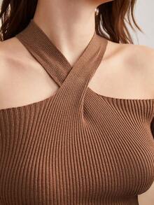 BizChic Halter Neck Đồ đan Ribbed Áo len - Màu Khaki - Xem 4