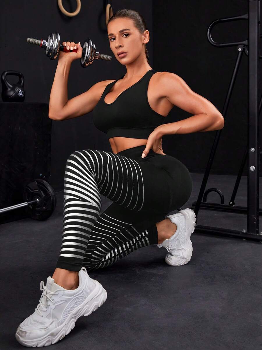 條紋印花寬腰帶運動打底褲 - 彩色 - 查看 1