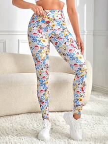 Allover Print Wide Waistband Sports Leggings - Multicolor - View 4