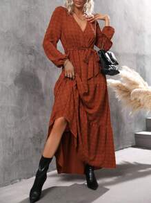 SHEIN Clasi Swiss Dot Surplice Neck Ruffle Hem Belted Dress - Redwood - View 1